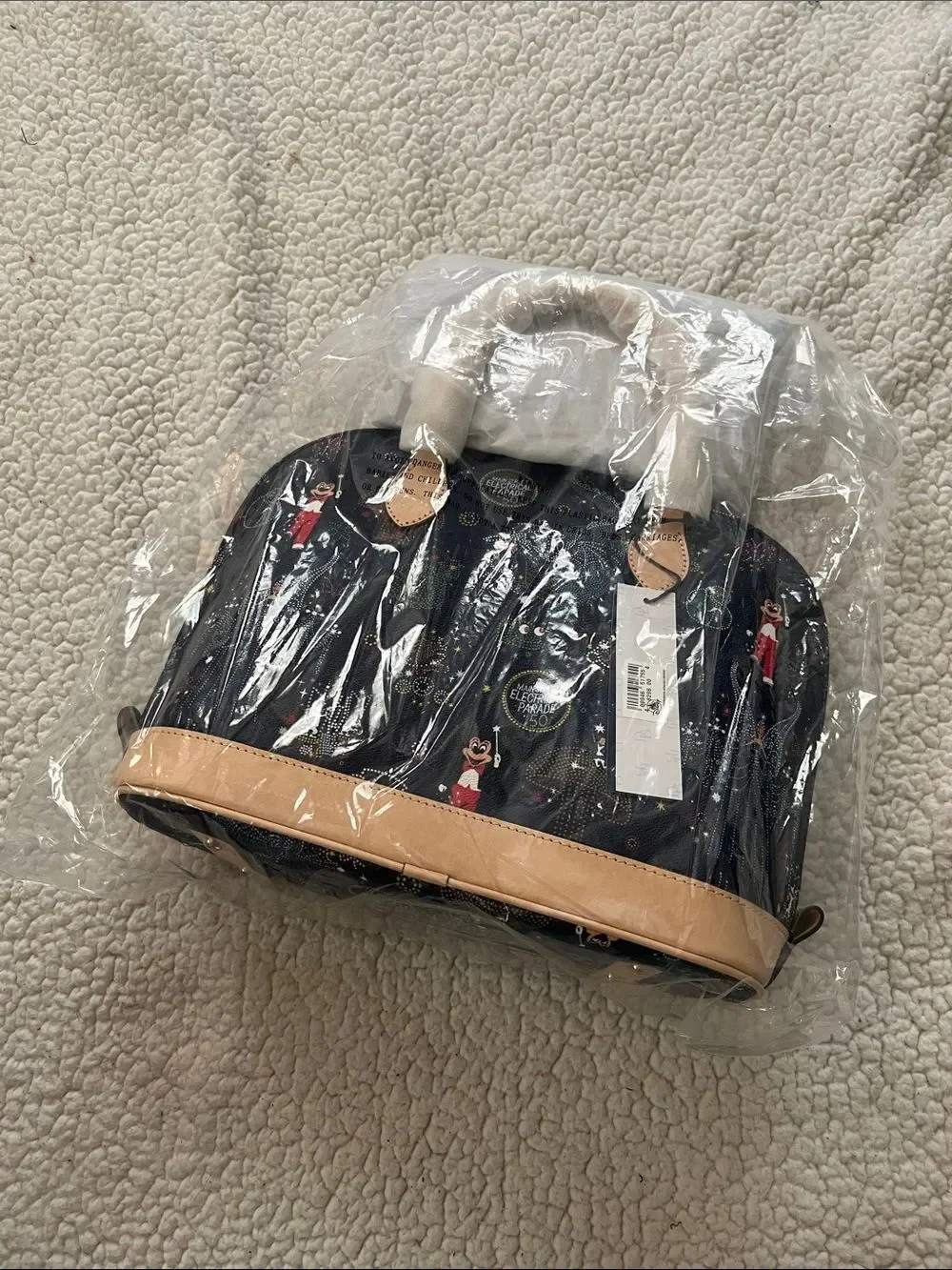 Dooney & Bourke Navy Parade Print Satchel with Tan Trim
